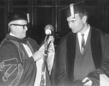 1961. Receiving honorary degree from Robert Burns, University of the Pacific, Stockton, California